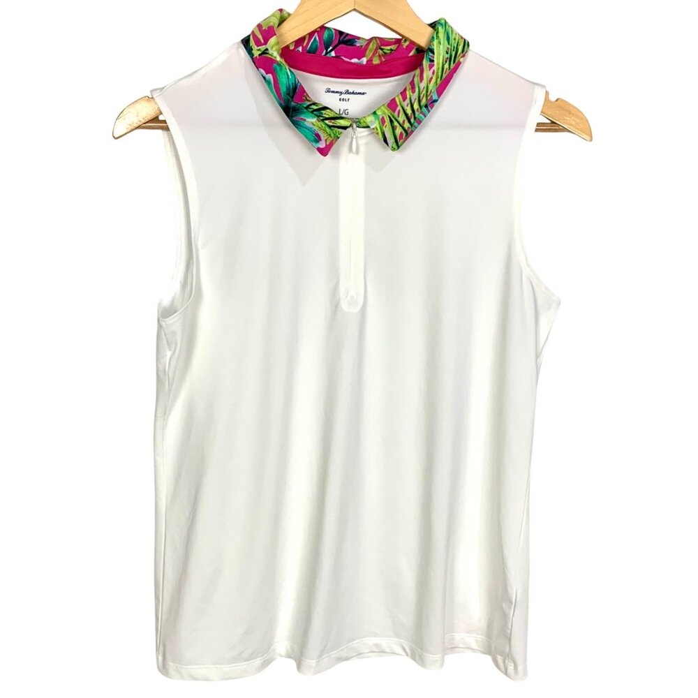 Tommy Bahama White Sleeveless Polo with Pink & Green Tropical Collar